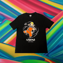 Load image into Gallery viewer, Naruto Shippuden swirl t-shirt with bold design of Naruto Uzumaki, large size, 100% cotton.