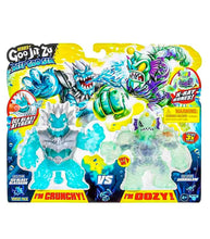 Load image into Gallery viewer, Heroes of Goo Jit Zu Deep Goo Sea pack featuring Ice Blast Blazagon and Horriglow action figures, stretchable and squishable toys for imaginative play.