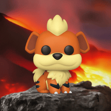 Load image into Gallery viewer, Growlithe Pokemon POP! Vinyl Figure on rugged terrain with fiery background.