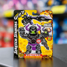Load image into Gallery viewer, Goo Jit Zu Stretch Strikers Ultra Rare Black Knight Orbitox toy in packaging featuring battle damage design.