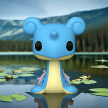 Load image into Gallery viewer, Lapras Pokemon POP! Vinyl Figure in stylized Funko design, featuring blue and cream colors, large eyes, and an oversized head, set against a serene water backdrop.