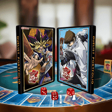 Load image into Gallery viewer, Yu-Gi-Oh! Yugi & Kaiba Quarter Century Duelist Portfolio on a game table with dice.