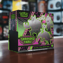 Load image into Gallery viewer, Pokemon TCG Scarlet & Violet Shrouded Fable Elite Trainer Box featuring vivid electric green and purple art.