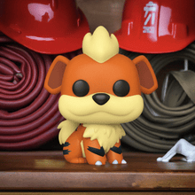 Load image into Gallery viewer, Growlithe Pokémon POP! Vinyl Figure with orange fur and black stripes in Funko style displayed on a shelf.