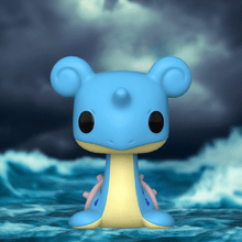 Load image into Gallery viewer, Lapras Pokemon POP! Vinyl Figure on a stormy ocean background, showcasing its blue and cream colors and whimsical design.