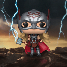Load image into Gallery viewer, Marvel Thor Love & Thunder Mighty Thor Pop! Vinyl Figure with Mjolnir on rocky backdrop.