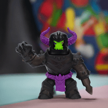 Load image into Gallery viewer, Goo Jit Zu Stretch Strikers - Ultra Rare Black Knight Orbitox figure with dark armor and purple details.