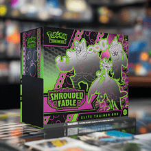 Load image into Gallery viewer, Pokemon TCG Scarlet & Violet Shrouded Fable Elite Trainer Box with vibrant green and purple highlights, featuring powerful Pokémon artwork.