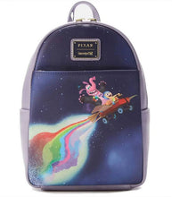 Load image into Gallery viewer, Loungefly Disney Moments Pixar Bing Bong Mini Backpack featuring Joy and Bing Bong on a rainbow rocket from "Inside Out."