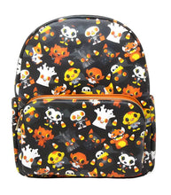 Load image into Gallery viewer, Boo Hollow Paka Paka Mini Backpack with playful Halloween-themed print featuring colorful, mischievous characters and candies.
