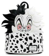 Load image into Gallery viewer, Loungefly Disney Villains Cruella De Vil mini backpack with black and white polka dots and Cruella's smirk design.