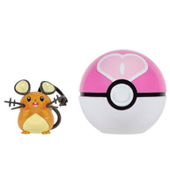 Load image into Gallery viewer, Dedenne Clip 'N' Go set with Love Ball, featuring a detailed Pokémon figure and pink and white ball accessory.