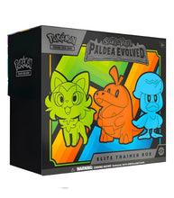 Load image into Gallery viewer, Pokemon TCG Scarlet & Violet Paldea Evolved Elite Trainer Box featuring Sprigatito, Fuecoco, and Quaxly cover art.