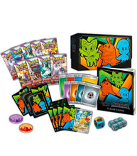 Load image into Gallery viewer, Pokemon TCG Scarlet & Violet Paldea Evolved Elite Trainer Box with booster packs, card sleeves, Pikachu promo, guidebook, and dice.