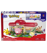 Load image into Gallery viewer, MEGA Pokemon Forest Pokemon Center building set with Pikachu, Chansey, Eevee, and Togepi figures.