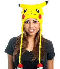 Load image into Gallery viewer, Pokemon Laplander Pikachu Beanie featuring Pikachu's face, rosy cheeks, pointy ears, and Poké Ball tassels.