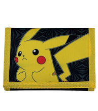 Load image into Gallery viewer, Pokemon Tri-fold Pikachu Wallet with bold Pikachu design on black background.