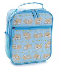 Load image into Gallery viewer, Shiba Inu Insulated Lunch Bag with cheerful dog illustrations on blue background.