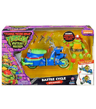 Load image into Gallery viewer, Teenage Mutant Ninja Turtles Movie Battle Cycle with Raphael action figure and transformable side car.