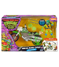 Load image into Gallery viewer, Teenage Mutant Ninja Turtles Movie Ninja Kick Cycle toy with Leo figure and action features in packaging.