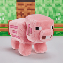 Load image into Gallery viewer, Minecraft 8" Pig Plush with pixelated details against game-themed background.