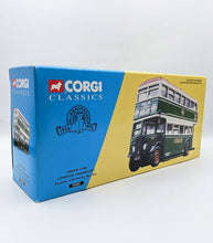 Load image into Gallery viewer, Corgi Green Line London Transport die-cast model box with detailed vintage bus illustration.