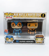 Load image into Gallery viewer, Blue Beetle and Booster Gold Funko POP! vinyl figures twin pack in windowed box.