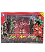 Load image into Gallery viewer, Justice League Legends Eaglemoss Masterpiece Collection featuring Green Arrow, Flash, and Green Lantern figures.
