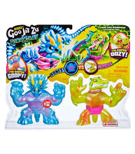 Load image into Gallery viewer, Heroes of Goo Jit Zu Dino X-Ray Stone Age Rampage Tritops vs Shredz action figures in packaging.