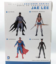 Load image into Gallery viewer, DC Comics JAE Lee Designer Series 1 Superman action figure packaging, featuring detailed designs of Superman, Batman, Wonder Woman, and Catwoman.