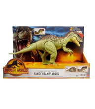 Load image into Gallery viewer, Jurassic World Dominion Massive Action Yangchuanosaurus toy figure with realistic textures and colors in display packaging.