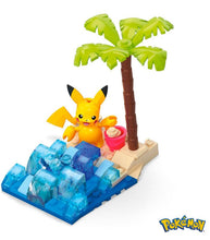 Load image into Gallery viewer, MEGA Pokemon Pikachu Beach Splash Construction Set with beach scene and palm tree.