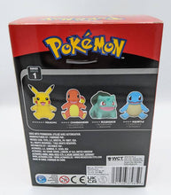 Load image into Gallery viewer, Pikachu 4 inch vinyl figure packaged in a colorful Pokémon box, featuring Pikachu, Charmander, Bulbasaur, and Squirtle on the back.