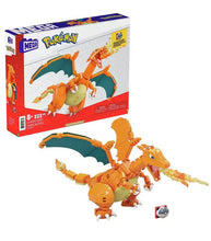Load image into Gallery viewer, Pokemon Mega Charizard building toy set with 222 pieces, featuring Charizard figure in various battle poses. Suitable for ages 6 and up.