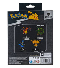 Load image into Gallery viewer, Packaging of Pokemon Select Articulated Figure featuring Lucario with Charizard, Rayquaza, and Zapdos figures.