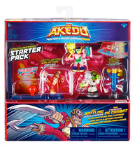 Load image into Gallery viewer, Akedo Ultimate Arcade Warriors Starter Pack with Captain Plunderfoot, Doc Shock, Wildtide, joystick controller, and training dummy.