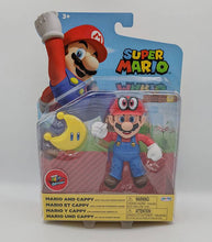 Load image into Gallery viewer, Super Mario & Cappy 4 Inch Figure with Power Moon and 11 points of articulation in packaging.