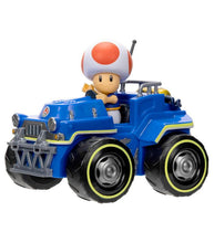 Load image into Gallery viewer, Toad figure in blue kart from Super Mario Bros movie set.