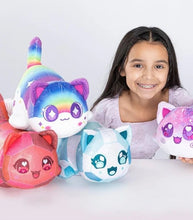 Load image into Gallery viewer, Aphmau MeeMeows Mystery 11" Plush Celestial Collection featuring Rainbow Cat, Galaxy Cat, Ruby Cat, and Diamond Cat with a smiling child.
