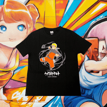 Load image into Gallery viewer, Naruto Shippuden Swirl T-Shirt featuring Naruto Uzumaki in action against a vibrant background.
