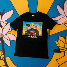 Load image into Gallery viewer, Naruto Shippuden Trio T-Shirt in medium, featuring Naruto, Sasuke, and Sakura on black fabric.
