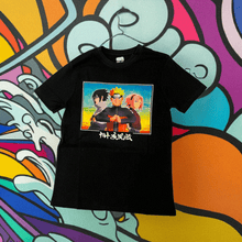 Load image into Gallery viewer, Naruto Shippuden Trio T-Shirt featuring Naruto, Sasuke, and Sakura on black fabric.
