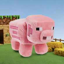 Load image into Gallery viewer, Minecraft 8" Pig Plush with pixelated design in a grassy blocky Minecraft setting.
