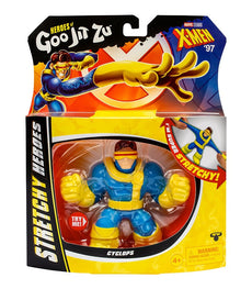 Heroes of Goo Jit Zu X-Men 97 Cyclops stretchy toy in packaging, featuring durable and gooey design.