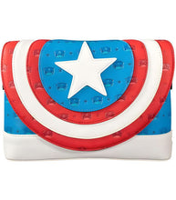 Load image into Gallery viewer, Loungefly Marvel Captain America crossbody bag with superhero shield design in red, blue, and white.
