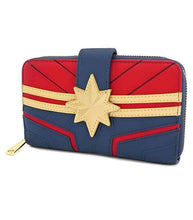 Load image into Gallery viewer, Loungefly Marvel Captain Marvel Wallet/Purse in red, blue, and gold with star emblem, faux leather.
