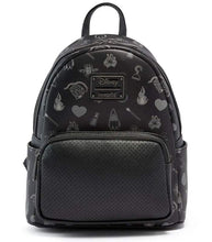 Load image into Gallery viewer, Loungefly Disney Villains Pin Trader Exclusive Mini Backpack with villainous symbols on faux-leather.
