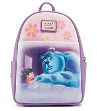 Load image into Gallery viewer, Loungefly Disney Pixar Monsters Inc Mini Backpack featuring Sully and Boo scene with floral design.
