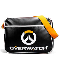 Load image into Gallery viewer, Officially licensed Overwatch messenger bag with iconic logo, orange shoulder strap, and padded laptop sleeve.
