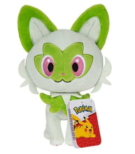 Load image into Gallery viewer, Pokemon 8" Plush - Sprigatito with green and cream colors, big eyes, and leafy tail.

